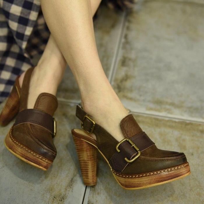 Vintage Thick Heel Genuine Leather 10.5 Cm High Heel Closed Toe Sandals Strap Buckle Women Sandals Shoes