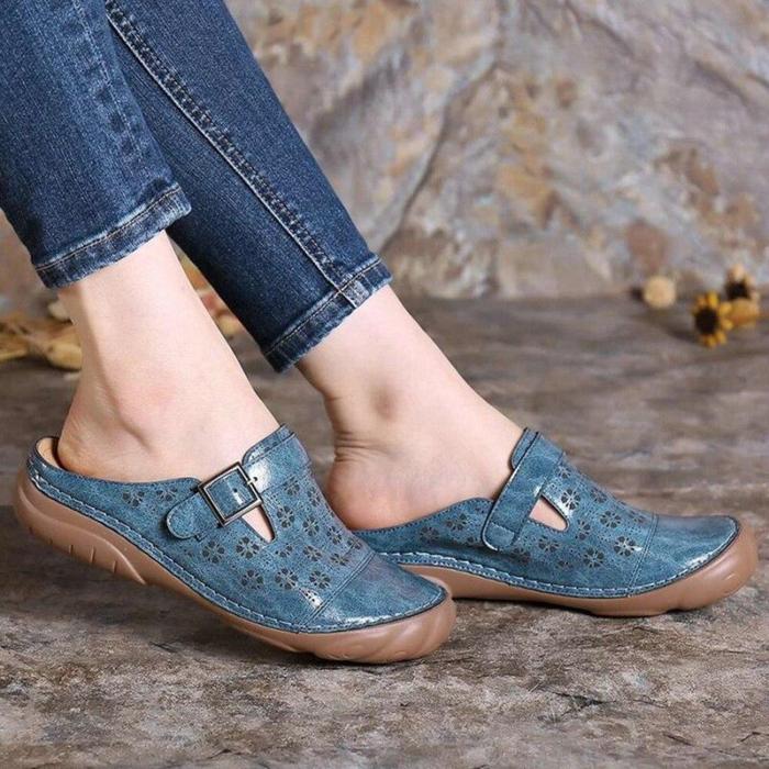 Sandals Summer Shoes Leather Floral Sandals Flats Retro Style Woman