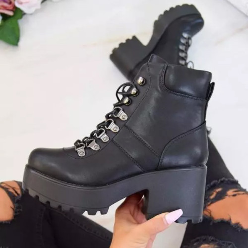 Ankle Boots Mid Boot PU Lace-UP Non-slip Fashion Riding Boots Female 2020 Autumn Winter Platform Boots Women