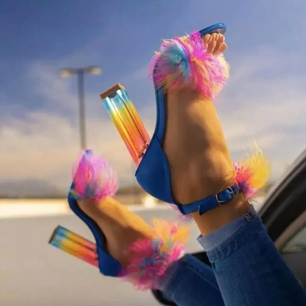 Women Summer Pumps Thin High Heels Peep Toe Faux Fur Sandals Bride Wedding Shoes Woman