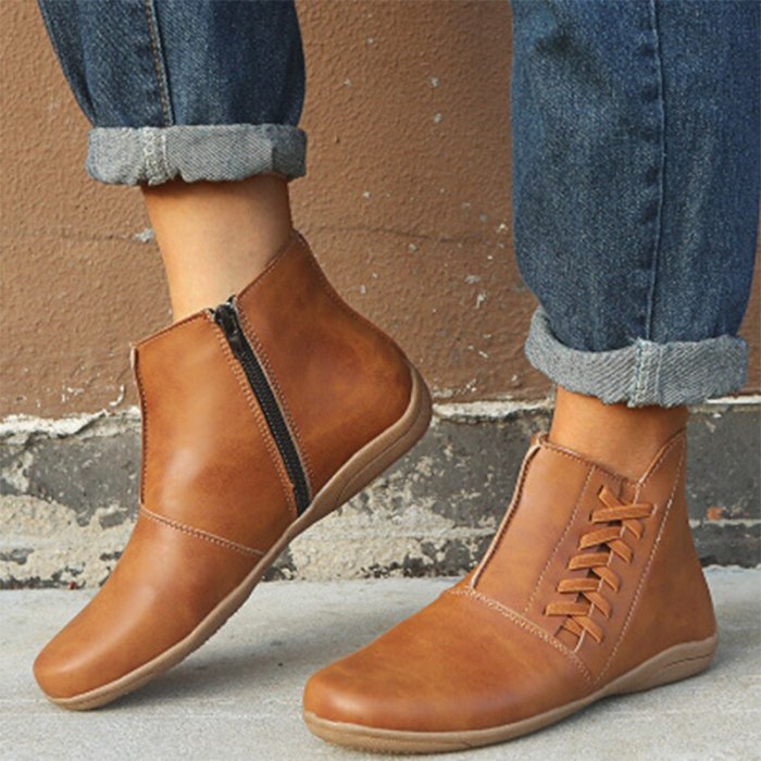 Women Leather Ankle Boots Women's Comfortable Flats Woman Stripe Zip Boots