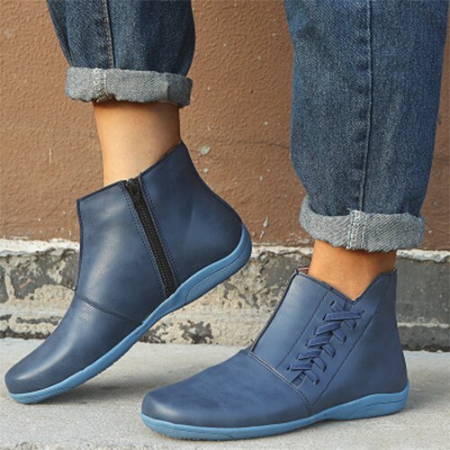 Women Leather Ankle Boots Women's Comfortable Flats Woman Stripe Zip Boots