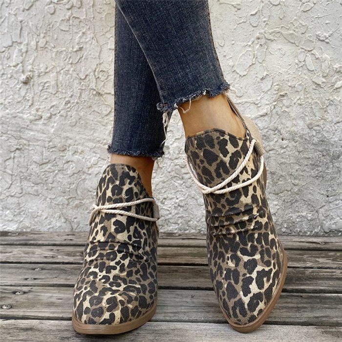 Female Autumn Short Boots PU Slip On High Heel Fashion Chelsea Boots Leopard Patchwork Shallow Ladies Shoes