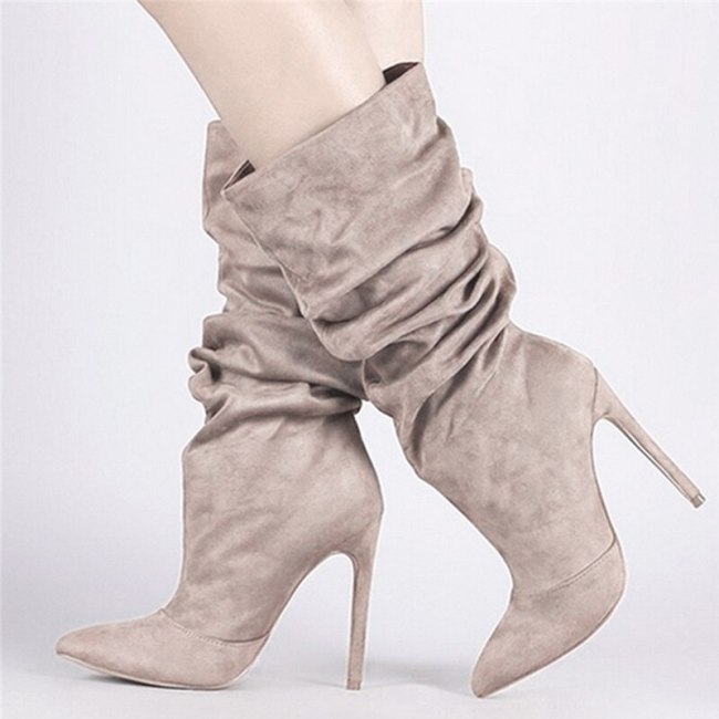 Women Mid Calf Boots Woman Thin High Heels 2020 Women's Pleated Pointed Toe Sexy Pumps Ladies Party Shoe Female Winter Plus Size