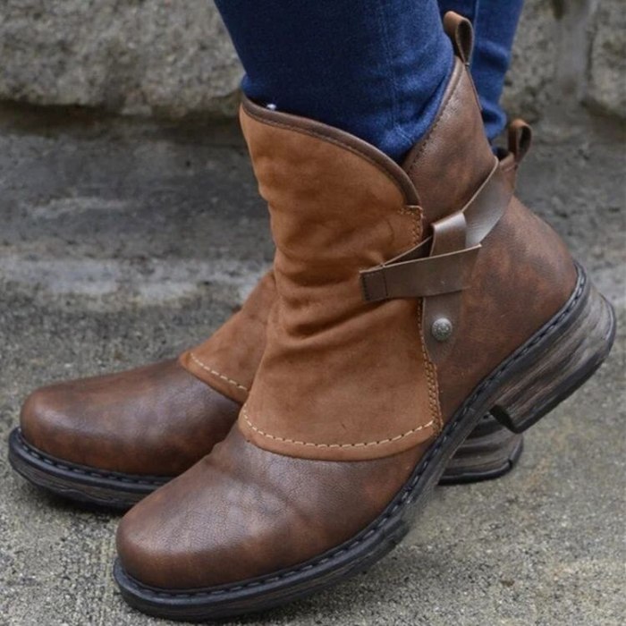 2020 Winter Fashion Women Ankles Boots Plush Pu Leather Patchwork Zipper Buckle Low Heel Female Casual Plush Short Martin Boots