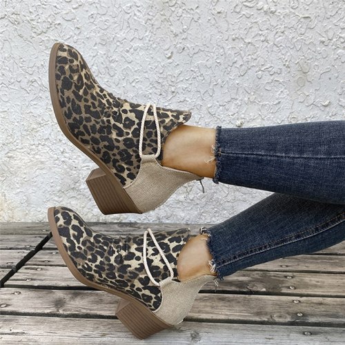 Female Autumn Short Boots PU Slip On High Heel Fashion Chelsea Boots Leopard Patchwork Shallow Ladies Shoes