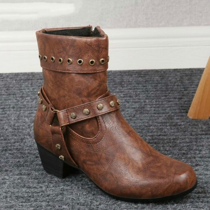 Fashion Winter Boots Women Ankle Boots Retro Med Heels Shoes Vintage Leather Booties