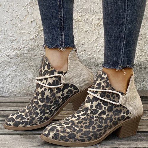 Female Autumn Short Boots PU Slip On High Heel Fashion Chelsea Boots Leopard Patchwork Shallow Ladies Shoes