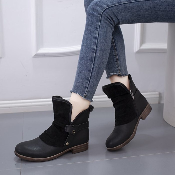 2020 Winter Fashion Women Ankles Boots Plush Pu Leather Patchwork Zipper Buckle Low Heel Female Casual Plush Short Martin Boots