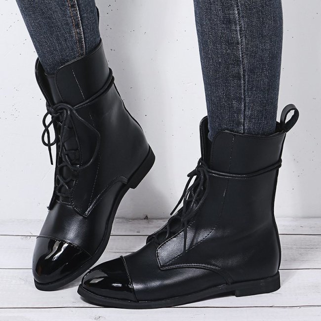 New Patent Leather British Style Flat Boots Black Pointed Toe Boots Handsome Motorcycle Boots Women's Boots Plus Size 35-43