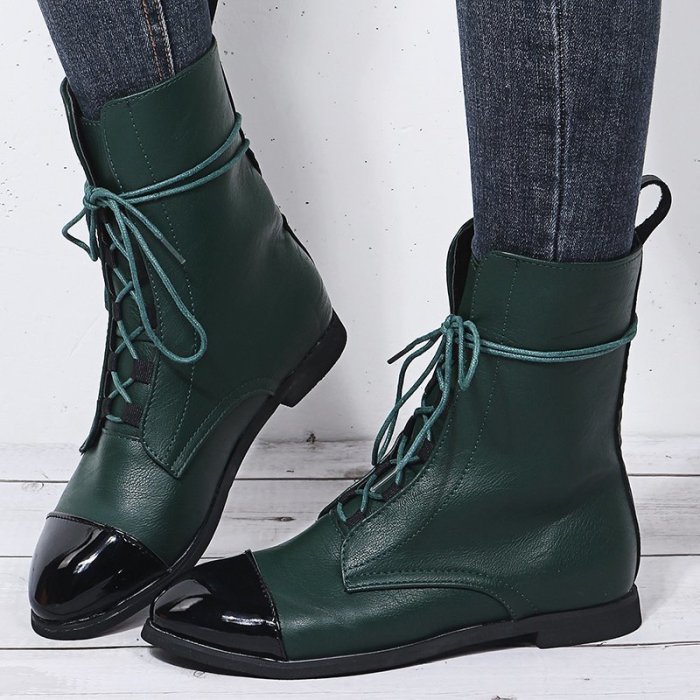 New Patent Leather British Style Flat Boots Black Pointed Toe Boots Handsome Motorcycle Boots Women's Boots Plus Size 35-43