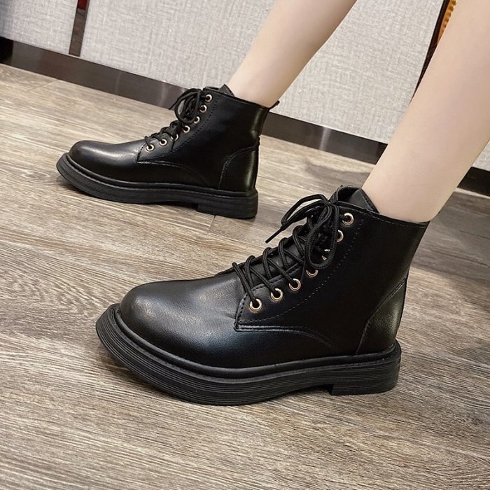 Women Boots Fashion Lace-up Mid-heel Ankle Boots Chunky Heel