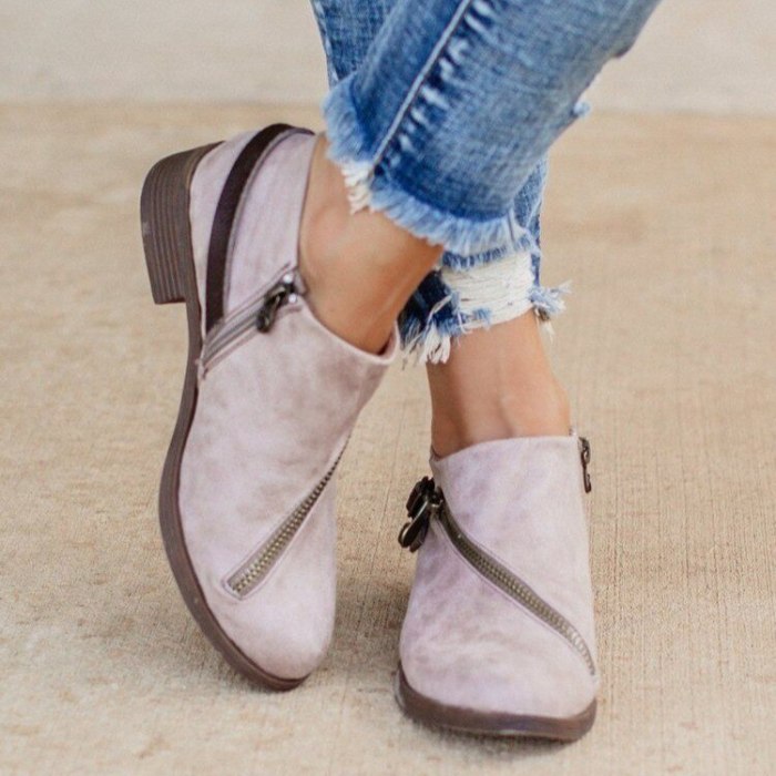 Woman Vintage Low Heels Retro PU Leather Ankle Short Boots