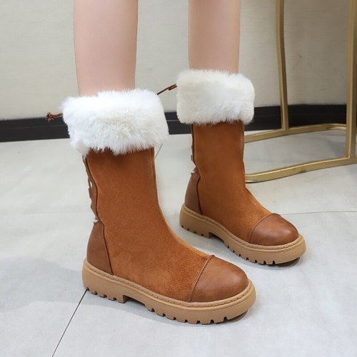 Women Boots Leather Ankle Boots Flat Shoes Winter Snow Boots Platform