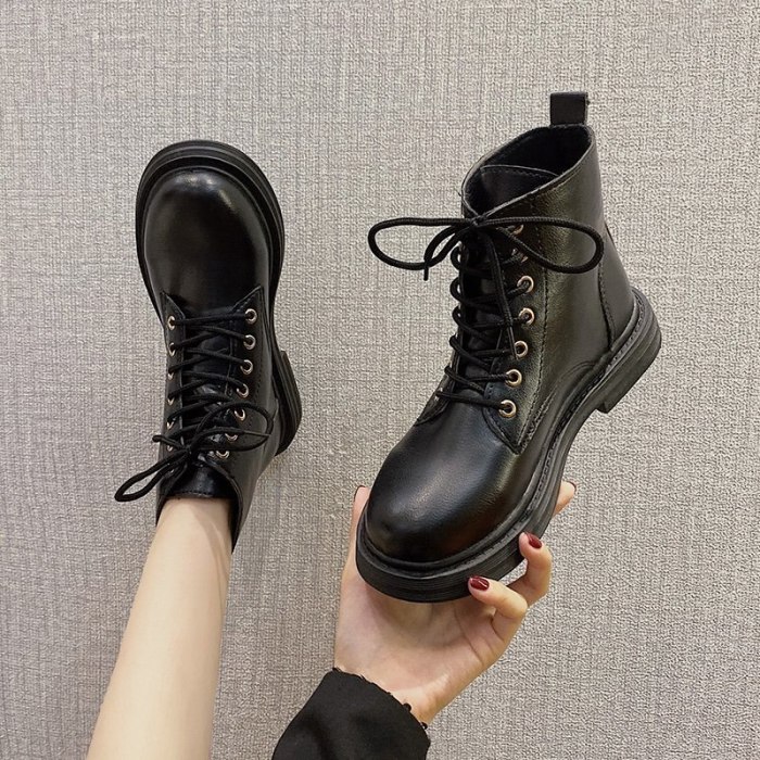 Women Boots Fashion Lace-up Mid-heel Ankle Boots Chunky Heel