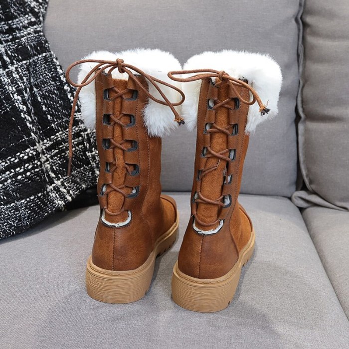 Women Boots Leather Ankle Boots Flat Shoes Winter Snow Boots Platform