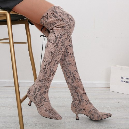 Long Boots Women Leopard Grain Serpentine High Heel Boots Pointed Toe Sexy Club Boots Thigh High Over-the-Knee Boots Women Shoes