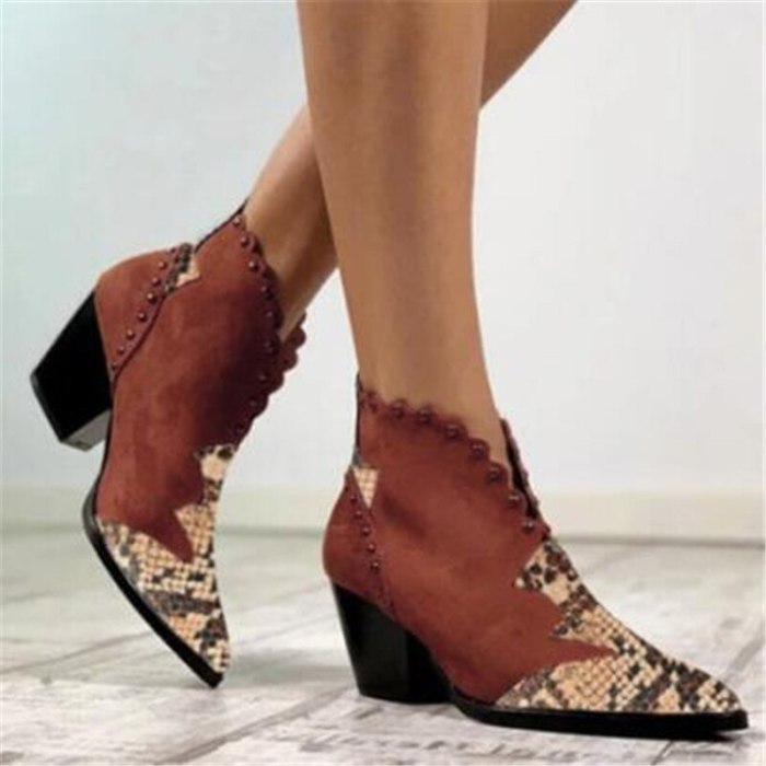 Women Ankle Boots Fashion Pointed Toe Snakeskin Boots Lace Short Boots