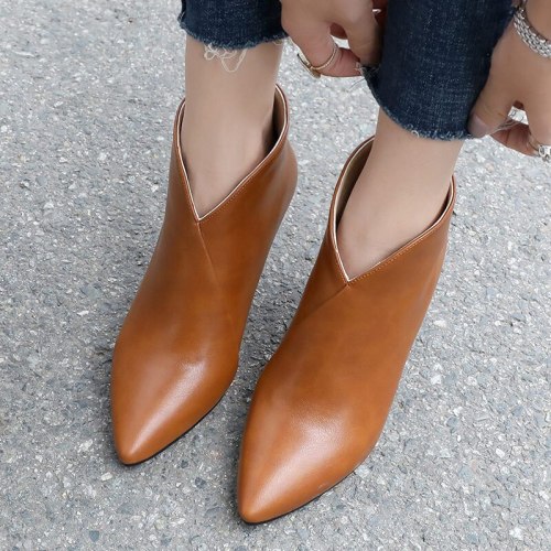 Ankle Boots Solid PU Zip Fashion Sexy Thin Heel Shoes Soft Leather