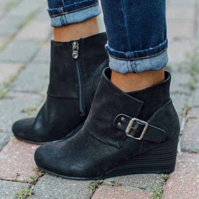 Women's Shoes Ankle Boots Shoes Buckle Wedge Ladies Leather Footwear