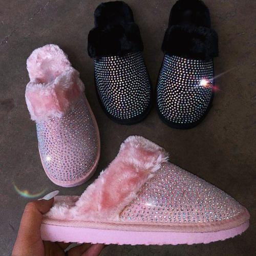 Women Slippers Faux Fur Warm House Slippers 2020 New Fashion Women's Slippers Plus Size Winter Indoor Crystal Flat Home Slippers