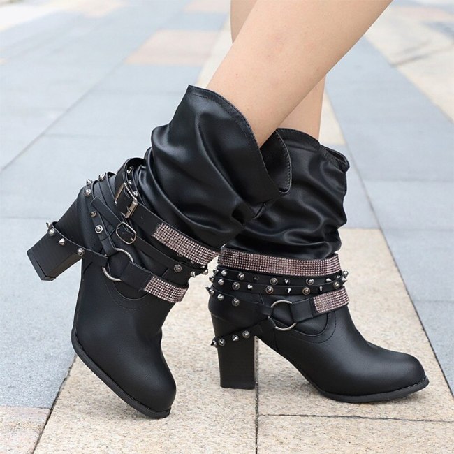 Women Mid Boots Vintage Crystal Rivet Leather Square Heels Winter Boots Casual Belt Buckle Boots Shoes Female Fashion Comfort
