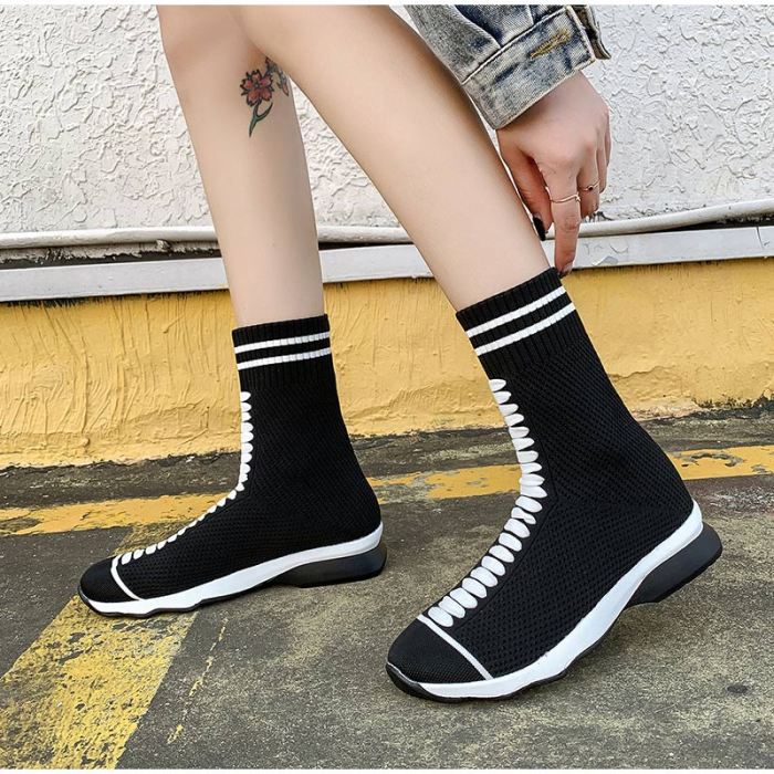 Women's Ankle Knit Shoes Slip On Low Heel Comfort Boot Female Casual