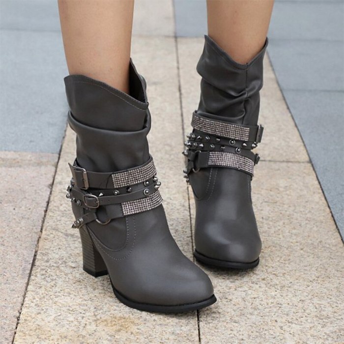Women Mid Boots Vintage Crystal Rivet Leather Square Heels Winter Boots Casual Belt Buckle Boots Shoes Female Fashion Comfort
