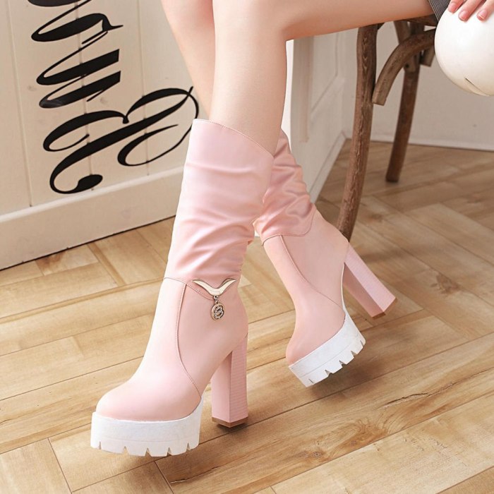 Square high heels mid-calf fashionable winter boots shoes women