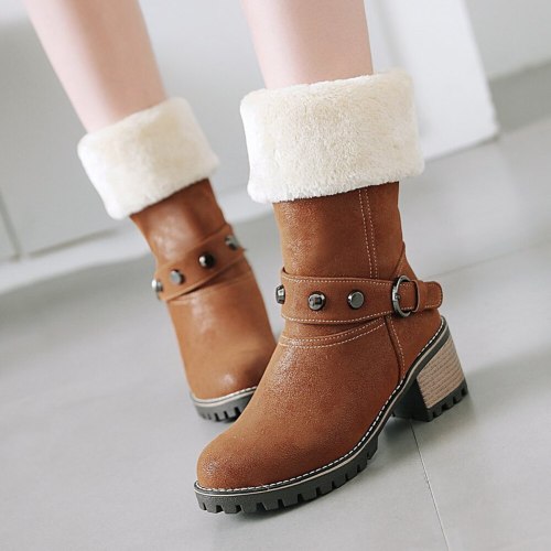 Skidproof Sole Square Heels Keep Warm For Cold Winter Walk In The Snow Boots Shoes Women Calf Boot