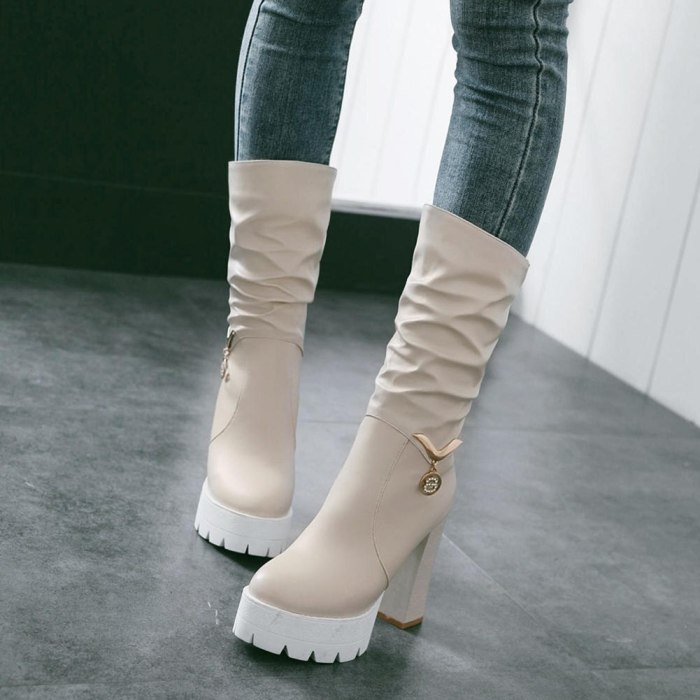Square high heels mid-calf fashionable winter boots shoes women