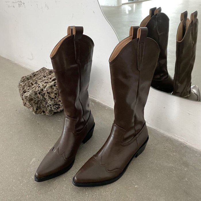 Western Cowboy Boots Pointed Toe Vintage Slim Boots Thick Bottom Boots Autumn Winter Boots Non-Slip Shoes Women