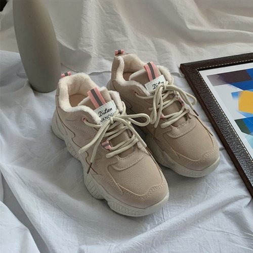 2020 Winter Sneakers Women  Fashion Platform Shoes Woman Chunky Vulcanize Sneakers Warm Plush Beige Black Sneakers for Women