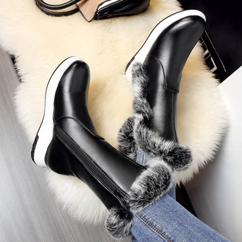 Keep Warm Fur For Cold Winter Boot Shoes Women Leisure Faux Leather Calf Boot