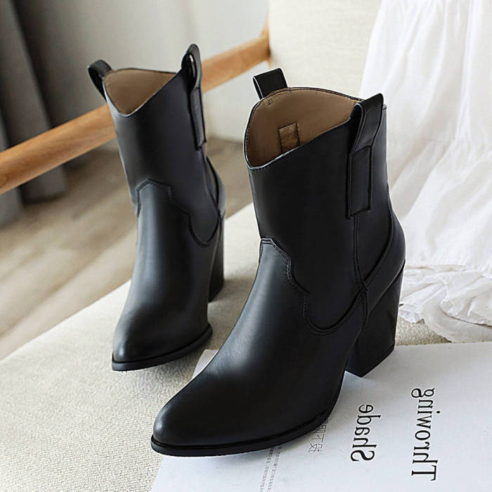 Chunky High Heels Slip On Vintage Booties Winter Western Boots Shoes Women