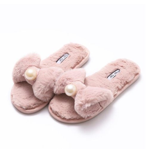 Winter Woman Furry slippers Slip on Luxury Fur Warm Shoes non-slip home Slides Bow pearl Flats Female Comfortable House Shoes