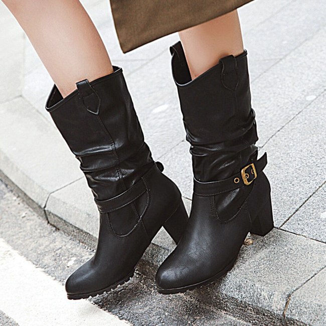 Chunky High Heels Slip On Vintage mid-calf Boot Winter Western Boots Shoes Women