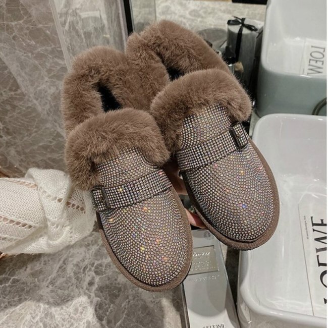 2020 New Crystal Warm Snow Boots Women Flats Heel Colorful Rhinestones Diamonds Winter Plush Fur Shoes Woman