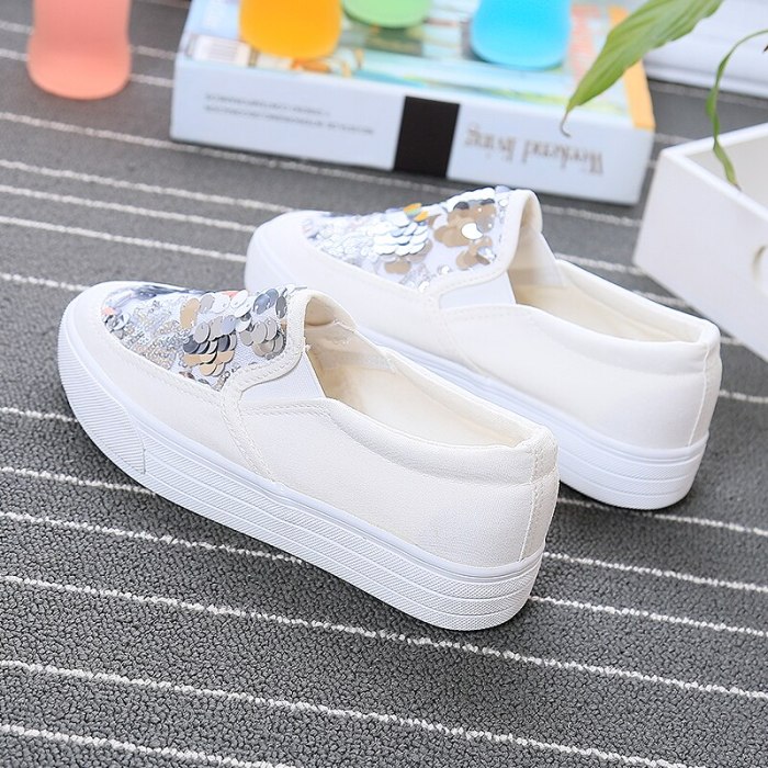 Spring Autumn Fashion White Canvas Shoes Flats Sequins Women Loafers platform Comfortable Flat Walking Shoes