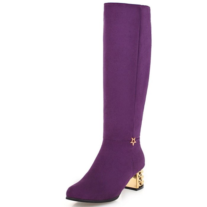 Square Heels Purple Green Add Fur Winter Knee Boots Shoes Women