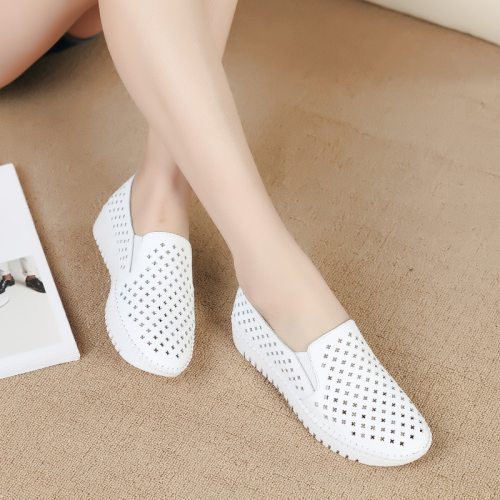 Summer Women Flats Shoes Woman Genuine Leather Loafers Slip On Ballet Flats Breathable Walking White Sneakers