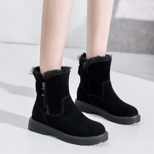 Leather Winter Ankle Snow Boots With Low Heels Short Booties Women Flat Shoes