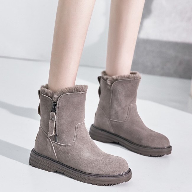 Leather Winter Ankle Snow Boots With Low Heels Short Booties Women Flat Shoes
