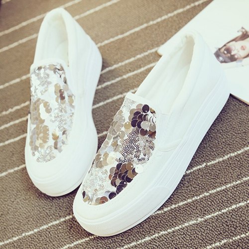 Spring Autumn Fashion White Canvas Shoes Flats Sequins Women Loafers platform Comfortable Flat Walking Shoes