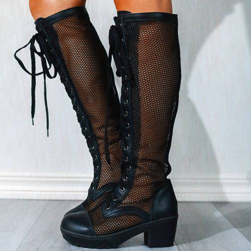 Mesh Shoelaces and Zipper Chunky Heels Summer Boots Platform Women Shoes Knee High Boots