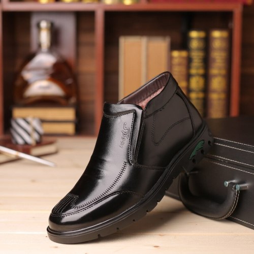 Leather Winter Men Business Boots Slip-on Fur Warm Men Snow Boots Casual Ankle Boots