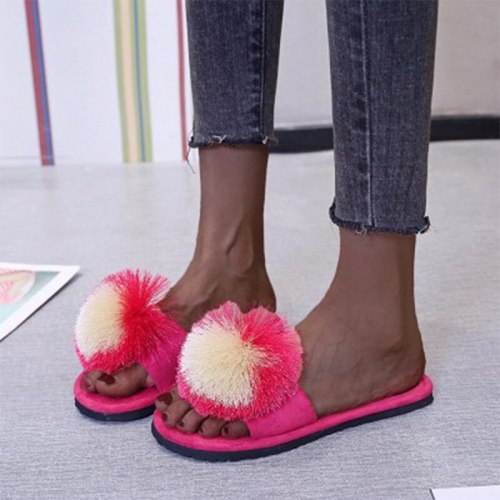 Women Fur Ball Slippers Casual Flat  Slip On Women's  Footwear