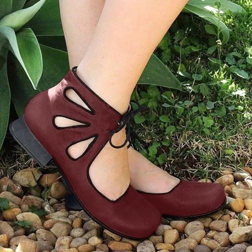 Women Shoes Pu Leather Round Toe Vintage Casual Pumps Low Heels Sandals