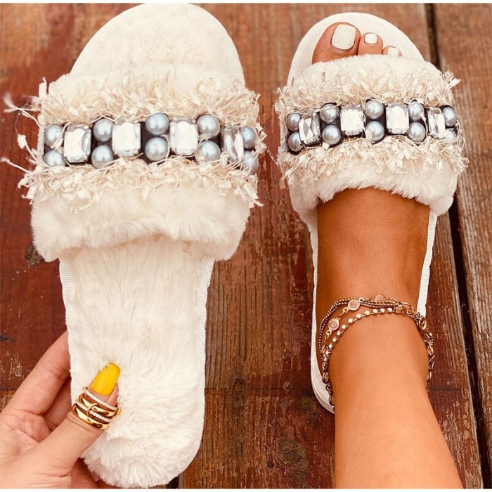 Fur Sliders For Women Furry Slippers Pearl  Woman Crystal Fur Shoes