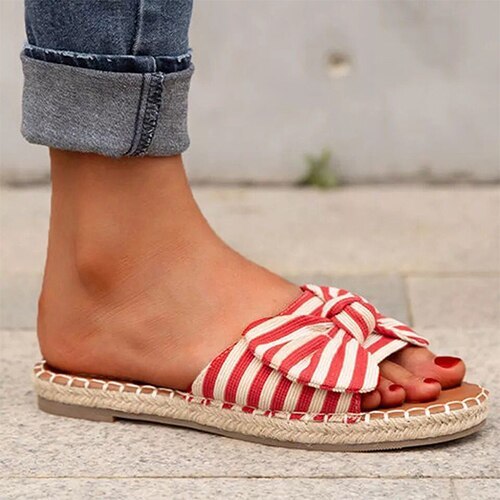 Women's slippers Open Toe Slides Ladies Stripe Bow Flat Shoes
